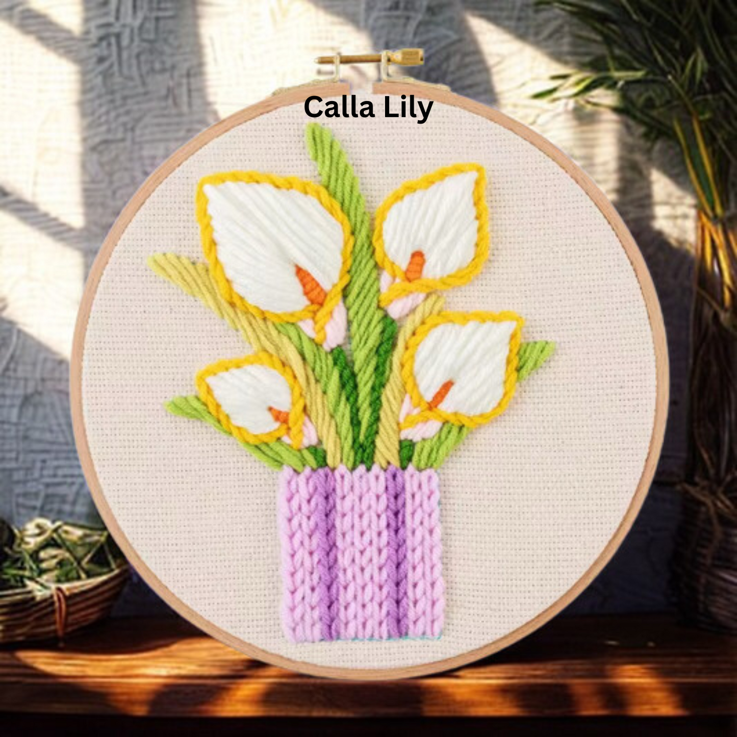 DIY Embriodery Kit, Floral Patterns, Hoops & Wood Display Base Included