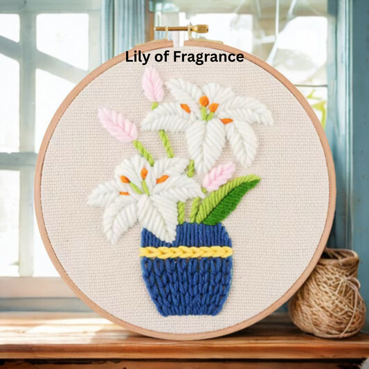 DIY Embriodery Kit, Floral Patterns, Hoops & Wood Display Base Included