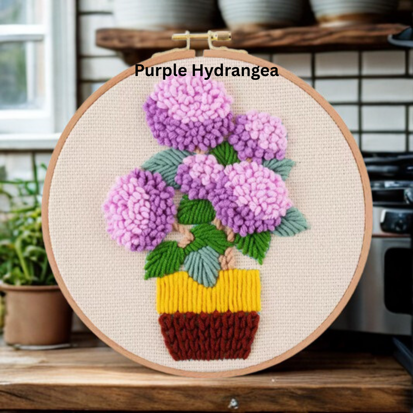 DIY Embriodery Kit, Floral Patterns, Hoops & Wood Display Base Included