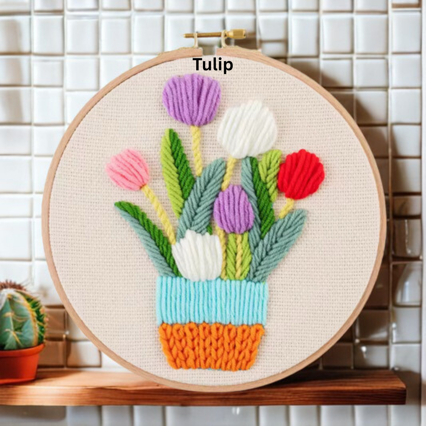 DIY Embriodery Kit, Floral Patterns, Hoops & Wood Display Base Included
