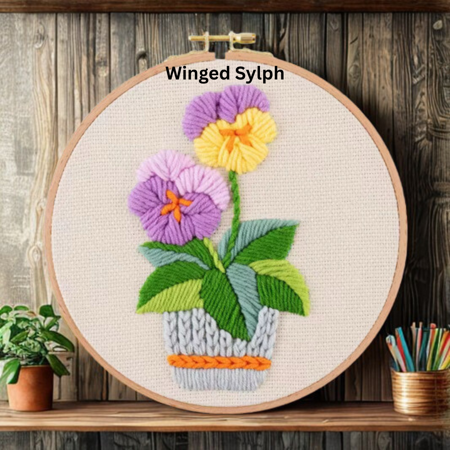 DIY Embriodery Kit, Floral Patterns, Hoops & Wood Display Base Included